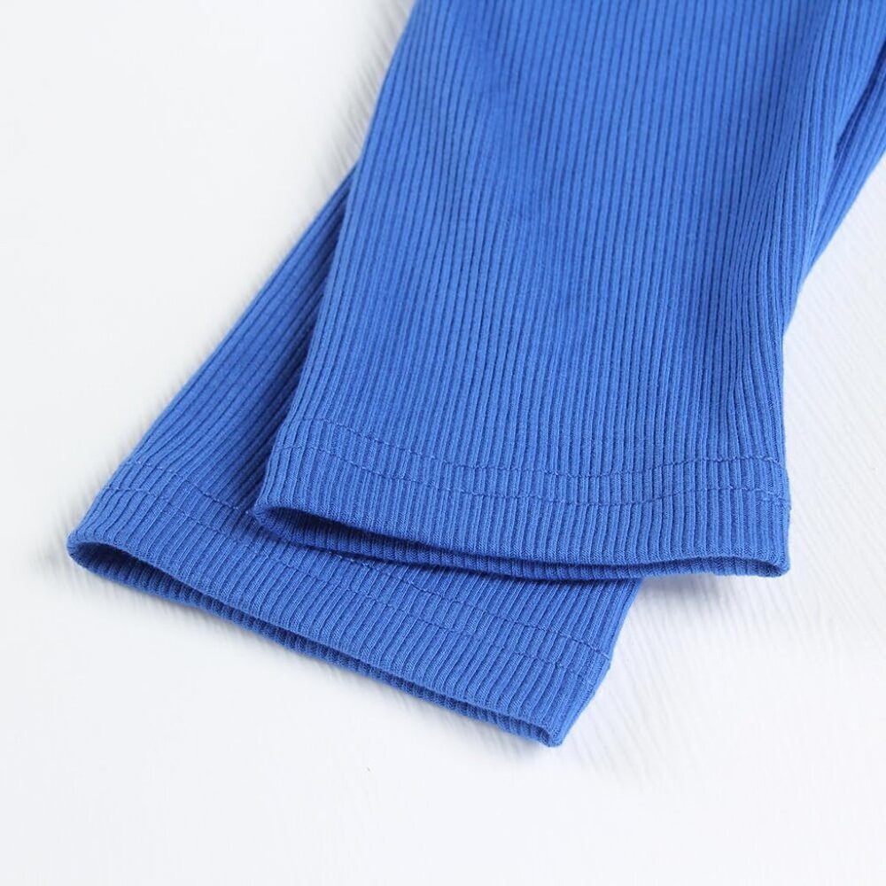 Women's Crop Tops Blue Slim Fit Notch Ribbed Classic Long Sleeves Scoop Neck - Picture 4 of 5